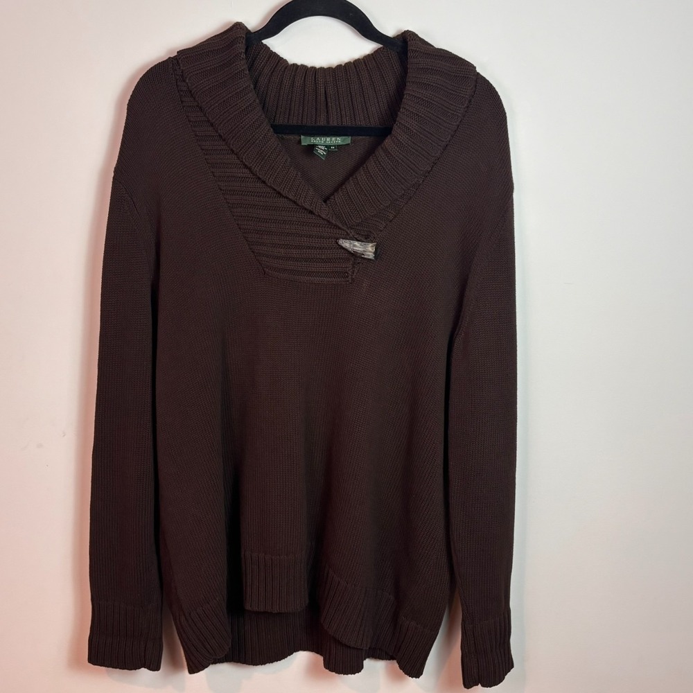 Lauren Ralph Lauren Women Shawl Collar Horn Closure Classic Brown sweater sz 2X